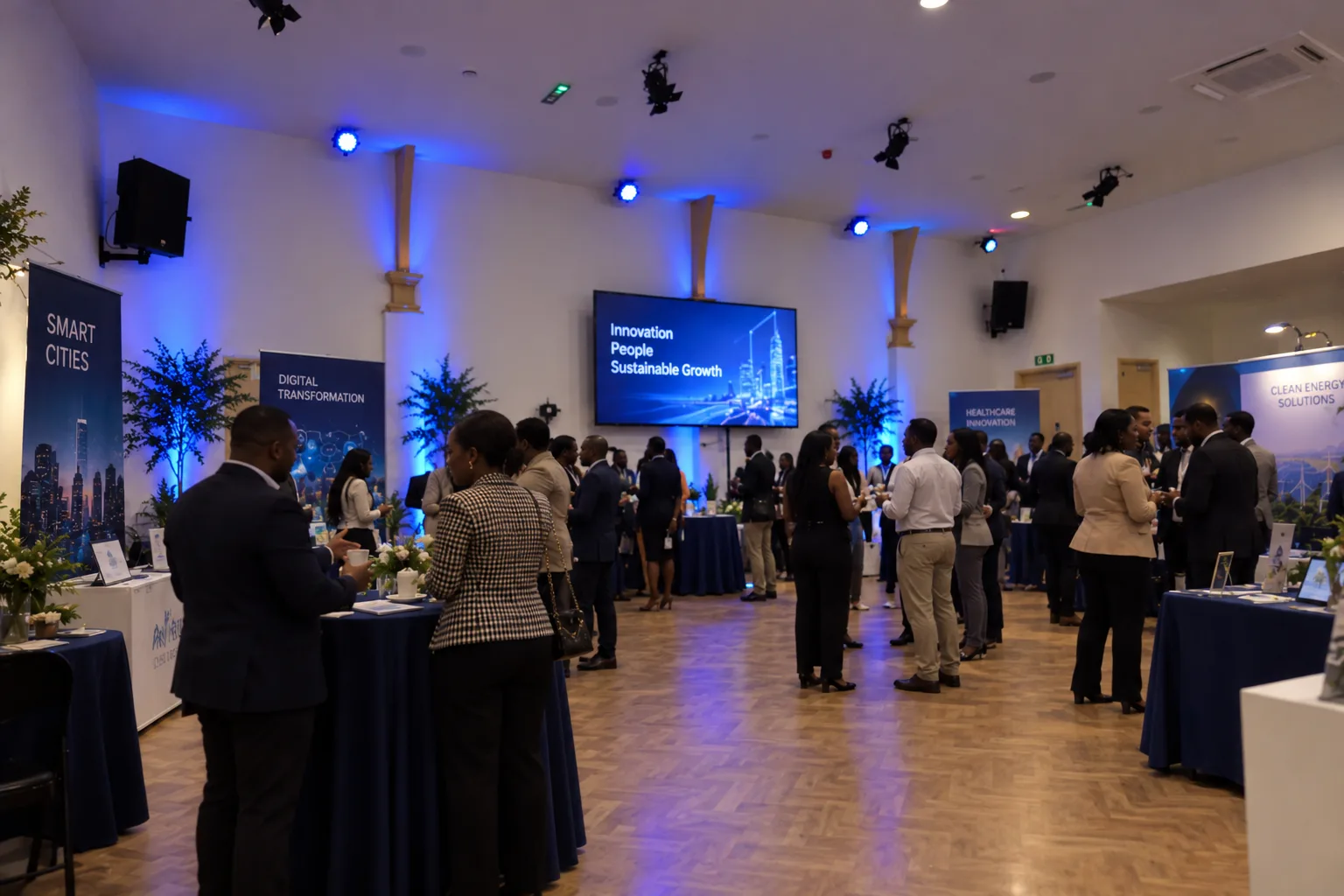 Innovation networking expo at Grace Hall Leicester with blue stage lighting