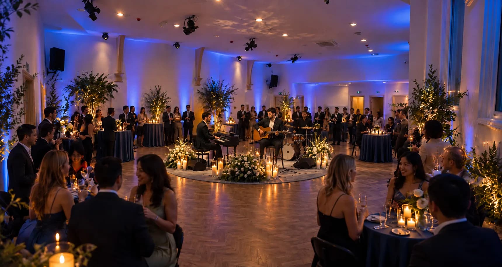 Evening concert gala at Grace Hall Leicester with atmospheric blue-hour lighting