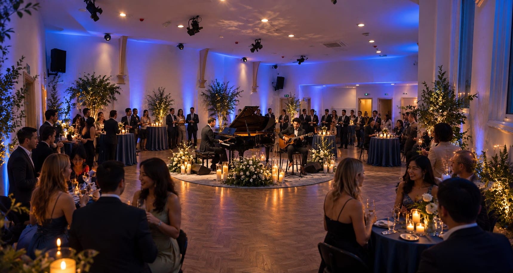 Candlelit reception at Grace Hall Leicester featuring live piano and guitar performance
