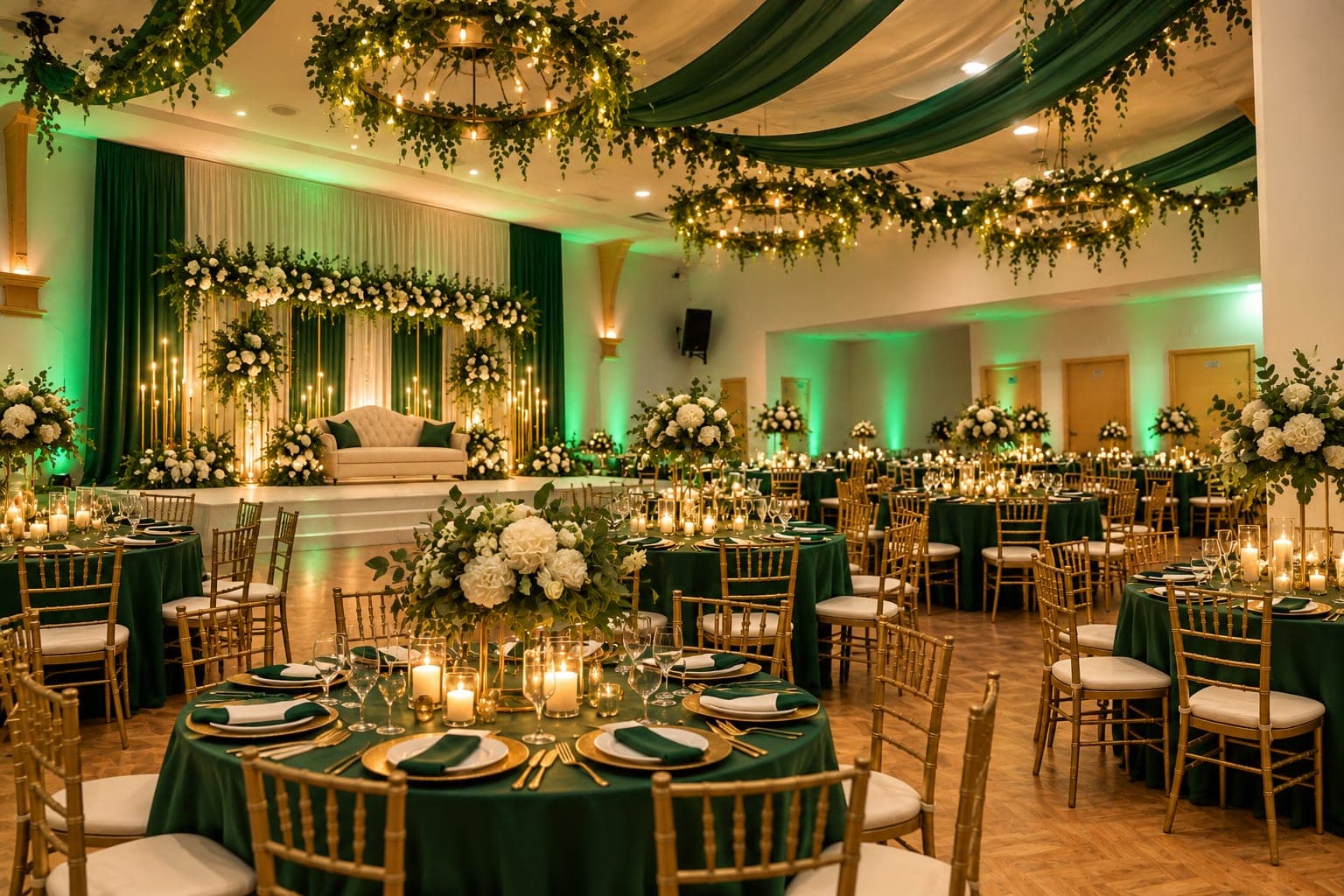 Grace Hall Leicester set up for a wedding reception with emerald and gold décor